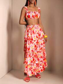 Slaydiva Neues Frühlings- und Sommerurlaubs-sexy trägerloses Oberteil + mehrlagiger Vintage-Blumenrock, zweiteiliges Damenset - B