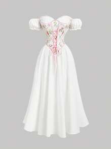 SHEIN MOD Vestido de lujo y soñador, romántico, con Top estilo corsé con volantes en cascada y lazo, hombros descubiertos, apropiado para citas, fiestas, vacaciones, té, cumpleaños, estilo retro palaciego
