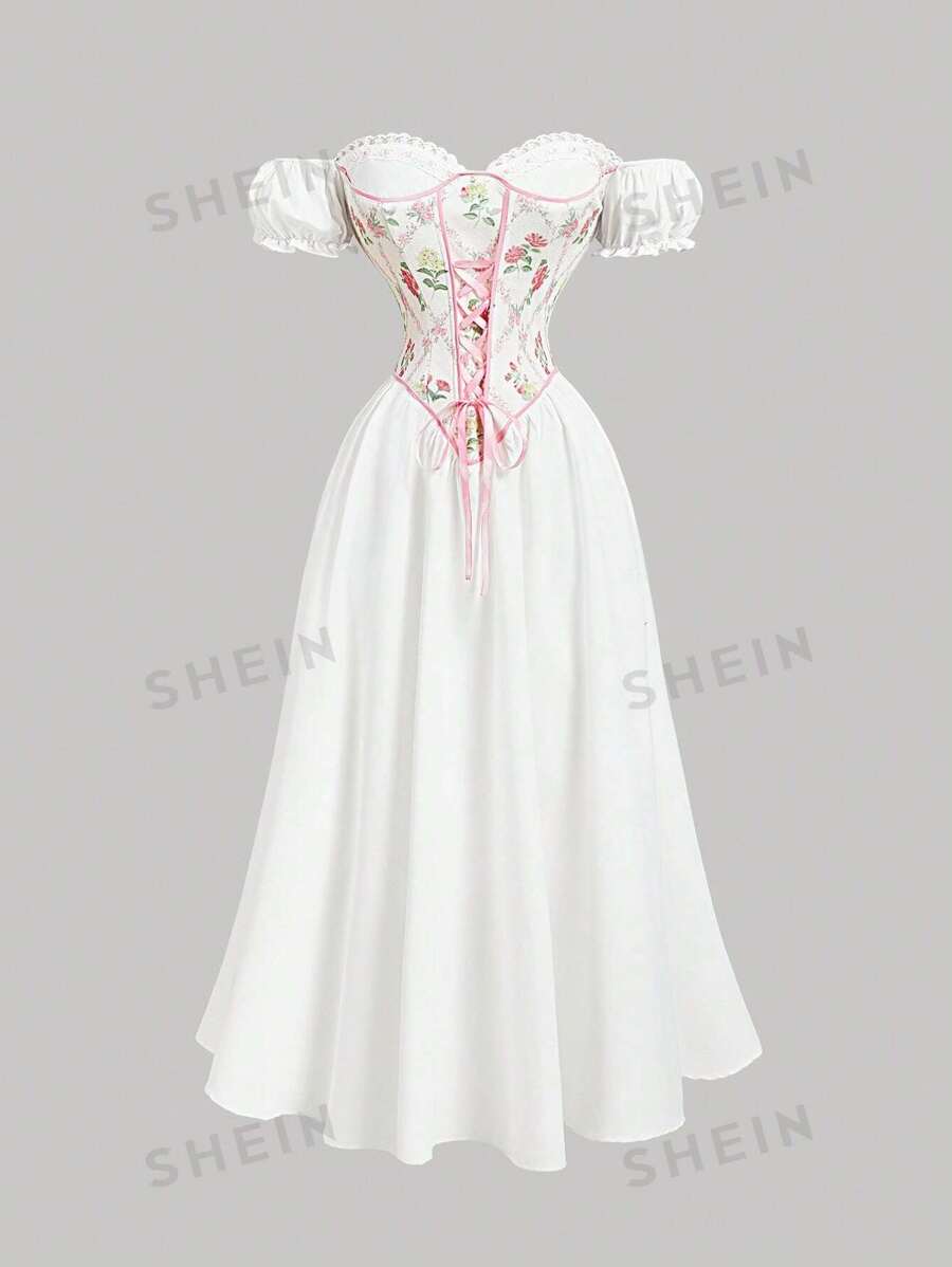 SHEIN MOD Vestido de lujo y soñador, romántico, con Top estilo corsé con volantes en cascada y lazo, hombros descubiertos, apropiado para citas, fiestas, vacaciones, té, cumpleaños, estilo retro palaciego