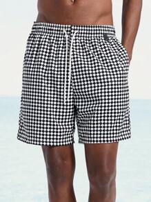Surfspeed Men's Checkerboard Print Loose Casual Beach Shorts - Black and White - View 6