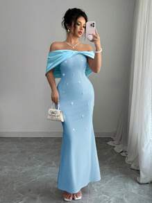 Rafferiza Váy satin nữ có nơ lớn Bandeau - Màu xanh lam - Xem 5