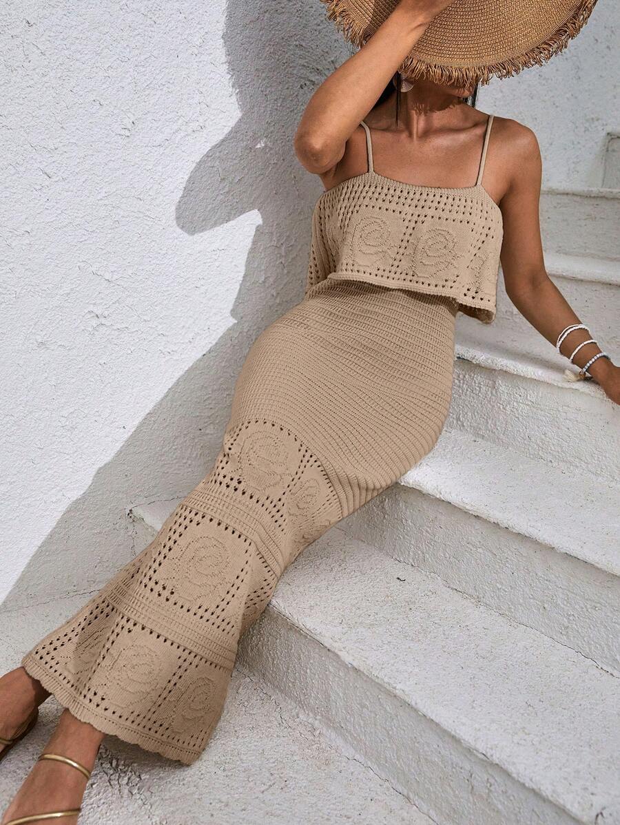 EURMUSE Vacation Casual Solid Color Hollow Out Knitted Camisole Dress - Beige - View 1