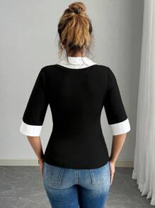 Elenzga 大码拼色拼接休闲商务女式 Polo 衫短袖 T 恤