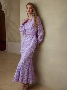 MOTF PREMIUM ROMANTIC LACE LANTERN SLEEVE MERMAID HEM DRESS - Purple - View 6