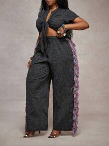 Slaydiva Conjunto de 2 piezas para mujer 2025 Nuevo, Vacaciones, Pascua, Graduación, Rave, Festival, Concierto, Fiesta de Cumpleaños, Casual Sexy: Top corto de manga corta con nudo delantero y pantalones largos holgados tipo maxi con bloques de color y flecos, Talla Grande Negro