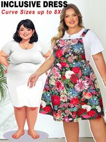 SHEIN CURVE+ Plus Size Retro Floral Suspender Dress (Shoulder Straps Adjustable) With Elegant Floral Pattern, Inner T-Shirt Not Included - Multicolor - View 3