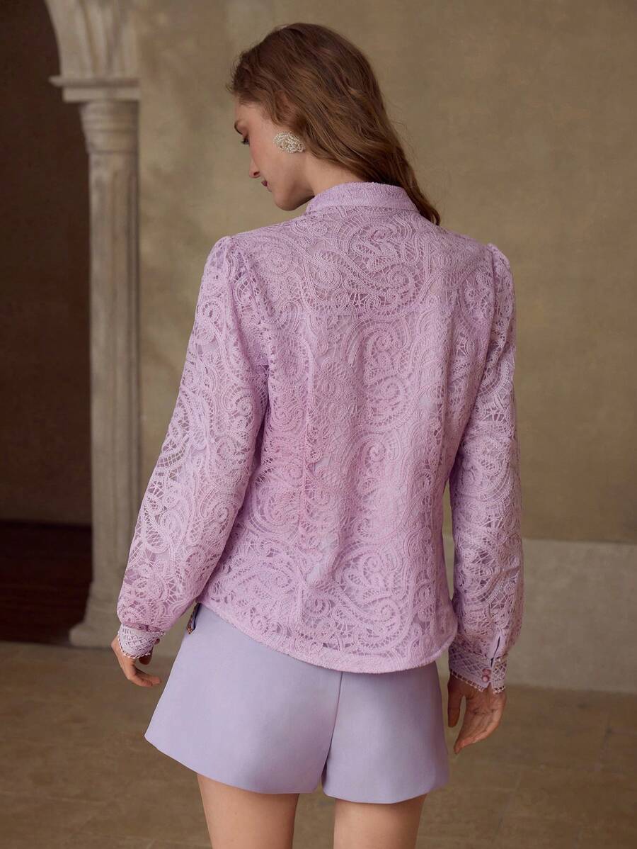 MOTF PREMIUM CONTRAST LACE BUTTON UP BLOUSE - Mauve Purple - View 2