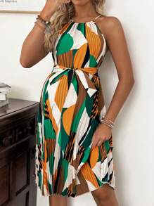 SHEIN Asymmetrical Geometric Print Casual Pleated Sleeveless Tied Maternity Dress - Multicolor - View 4