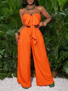 Slaydiva 1 Set Women's Magenta Front Tie Tube Top And Wide Leg Pants Vacation Outfit,Summer Sets - Orange - View 4