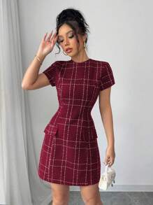 Elenzga 优雅法式格子图案粗花呢连衣裙，带口袋装饰，女式紧身迷你连衣裙 - 酒紅色 - 查看 4