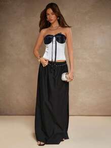 COSMINA Women's Elegant Strapless Crop Top: Woven Fabric, Sleeveless Design With Zipper Detail And Bow Accent - Black and White - View 7