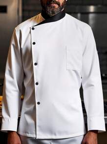 Manfinity Homme Men's Contrast Collar Front Button Chef Shirt Men Dress Shirts Dress Shirts For Men,1pc Unisex Black Chef Jacket, Single Breasted, Short Sleeve, Comfortable, Breathable, Ideal For Kitchen, Baking, Restaurant, Hotel Work - White - View 1