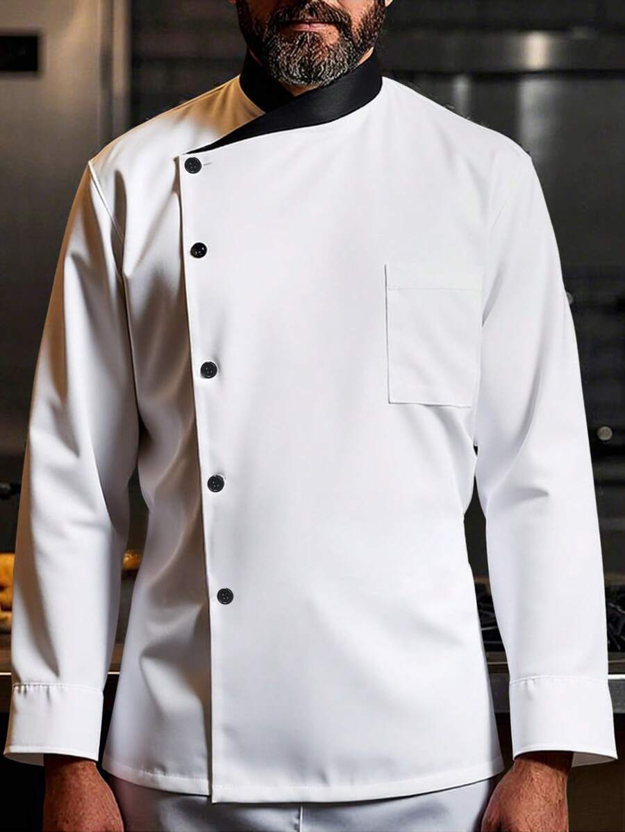 Manfinity Homme Men's Contrast Collar Front Button Chef Shirt Men Dress Shirts Dress Shirts For Men,1pc Unisex Black Chef Jacket, Single Breasted, Short Sleeve, Comfortable, Breathable, Ideal For Kitchen, Baking, Restaurant, Hotel Work - White - View 1