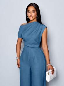 SOLERSUN 四季女装通勤优雅日间外出休闲简约杏色露肩不对称领口肩部褶皱短袖阔腿连体裤