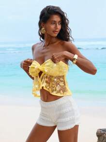 Opulessa 无袖女式抹胸上衣，带有图形装饰和扭纹剪裁设计，性感 - 黃色 - 查看 6