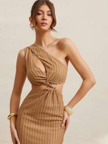 L'Amorae One Shoulder Crochet Beaded Detail Cut Out Elegant Sexy Summer Vacation Midi Dress, Summer Outfits For Women, Beach Outfits For Women
