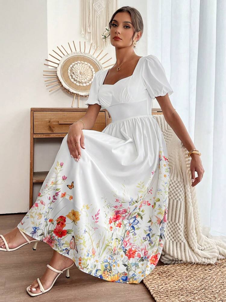 Women Floral & Butterfly Print Bubble Short Sleeve Dress, Vacation Style