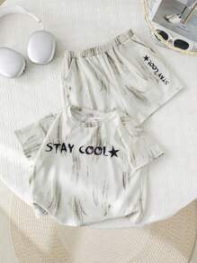 SHEIN 2pcs Set Baby Boy/Girl Casual Chic Korean Style Soft & Graphic Letter Print Tie Dye Shorts Set, Comfortable & Versatile For Spring/Summer - Khaki - View 7