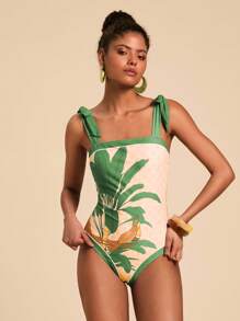Travachic 1pc Tropical Print Tie-Front One-Piece Swimsuit, Suitable For Beach & Vacation - Green - View 4