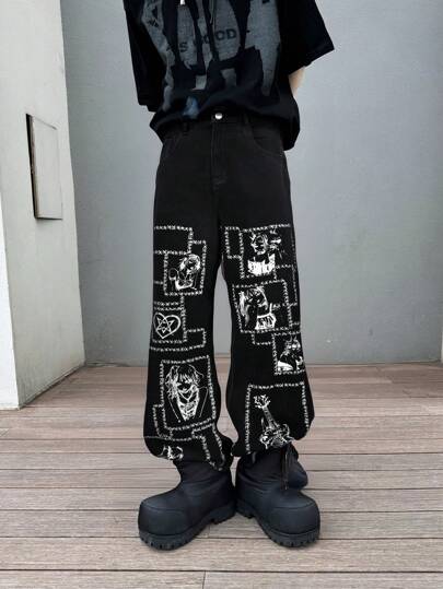 Men's Anime Print Baggy Denim Jeans Pants