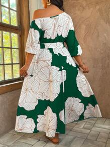 SHEIN Clasi Váy cổ lệch in hoa cỡ lớn thường ngày cho kỳ nghỉ - Màu xanh lá cây đậm - Xem 2