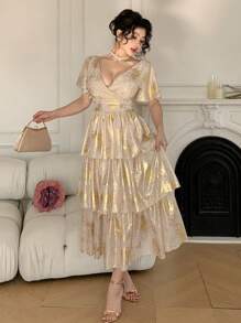 DAZY V-Neck Sequin Embellished Ruffle Trim Long Dress For Women - Blue - View 9