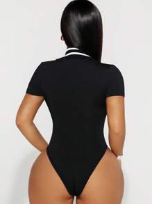 Women Striped Zip-Up Half-Placket Short Sleeve Casual Bodysuit - Black - View 5