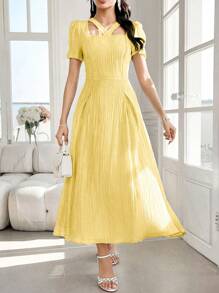 Modelyn French Style Square Neck Bishop Sleeve Pleated Women's Dress - Yellow - View 3