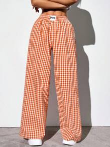 SHEIN EZwear Orange Woven Women's Plaid Casual Wide Leg Pants - Orange - View 3