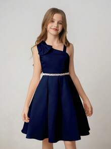 Tween Girl Sleeveless Bowknot Waist A-Line Elegant Minimalist Wedding Party Dress With Belt