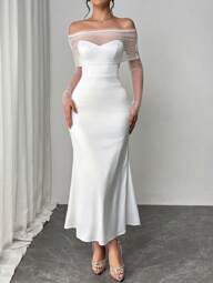 Firerie Vestido ceñido blanco con hombros descubiertos, elegante, romántico, de moda para la oficina, sexy y grácil, apropiado para fiestas, vacaciones, citas románticas, bodas, cumpleaños, día de San Valentín