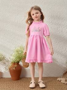 SHEIN 年轻女孩优雅粉色法式刺绣花朵前裙，春夏 - 粉色 - 查看 3