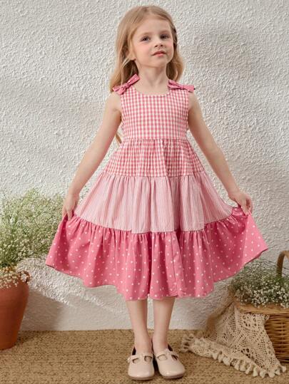 Blossori Young Girls' Elegant Loose Pink Patchwork Sleeveless Dress, Spring/Summer