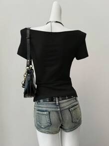 SHEIN EZwear Summer Western Wear Women Tops Black  Knit Women's Fitted Short Sleeve One Shoulder,Rave Top