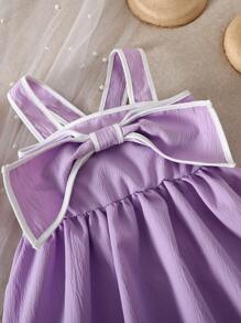 Baby Girl Elegant Textured Fabric Contrast Bow Dress - Purple - View 4