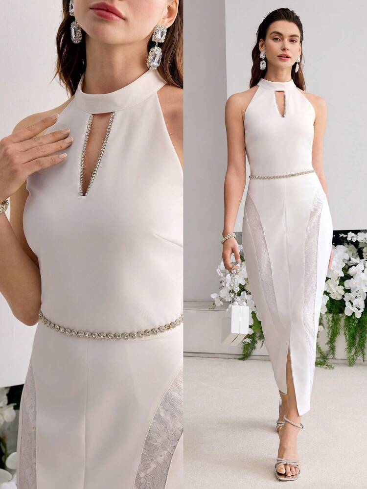 VESTIDO COM BAINHA DIVIDIDA E RENDA CONTRASTANTE