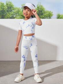 SHEIN Young Girl Tie Dye Print Short Sleeve T-Shirt And Pants Sports Outfit - Multicolor - View 4