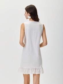 Miaspire Ladies' Casual Solid Color White Dress With Lace Embroidery Decoration On Neckline And Hem - White - View 2