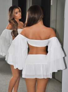 Sweetina Minifalda de gasa blanca con decoración de lazo y cintura baja para verano, para salir. Ideal para vacaciones