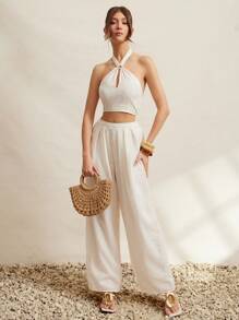 L'Amorae Elegant Summer Vacation Halter Neck Rhinestone Bohemian Smocked Cropped Top, Summer For Women - Apricot - View 1