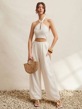 L'Amorae 优雅夏日假期露背水钻波西米亚褶饰短款上衣，女士夏季服装