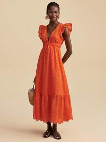 Travachic 女士度假刺绣深 V 领系腰迷你盖袖连衣裙 - 橘色 - 查看 7