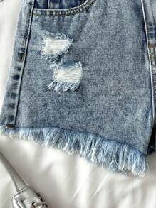 SHEIN Quần Jeans Jeans Rách Viền Tween Girls Y2K Casual Xuân Hè Boho, Quần Short Denim Cho Bé Gái, Quần Short Denim Cho Bé Gái Mùa Hè, Quần Short Denim Cho Bé Gái Mùa Xuân Và Mùa Hè Thường Ngày Nghỉ Mát Phong Cách Đồng Quê Boho, Quần Short Denim Cho Bé Gái, Quần Short Denim Cho Lễ Hội Rave - Rửa nhẹ - Xem 4