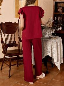 Côtesoire French Elegant Lace Trim Ladies Pajama Set Holiday Season - Burgundy - View 2