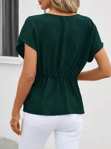 SHEIN Clasi 女式不对称下摆扭纹细节衬衫 - 墨綠色 - 查看 2