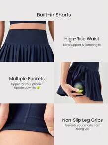 GLOWMODE Ace Flex Tummy Control Pleated Tennis Skirt With Built-In Shorts Side Pockets Tennis Golf Daily Spring Summer - Dark Blue - View 4
