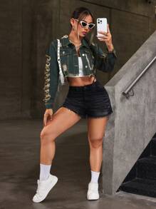 SHEIN ICON Fashionable Casual Destroyed Frayed Front Button Denim Jacket, Short Style - Dark Wash - View 3