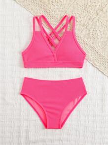 SHEIN 青春期前女孩比基尼套装，时尚休闲扭纹面料泳装，优雅保守，适合海滩、游泳、度假、夏季 - 粉色 - 查看 6