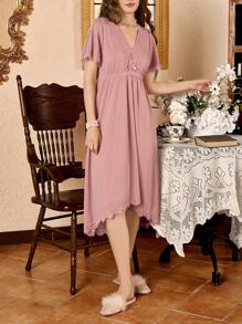 Côtesoire 女式 V 领撞色蕾丝优雅短袖睡裙娃娃装，夏季假日季节 - 藕粉色 - 查看 4