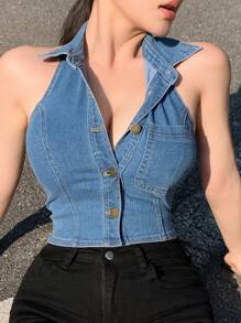 DAZY Women's Summer Halter Neck Open Front Sleeveless Casual Denim Shirt, Sexy & Minimalist - Medium Wash - View 8